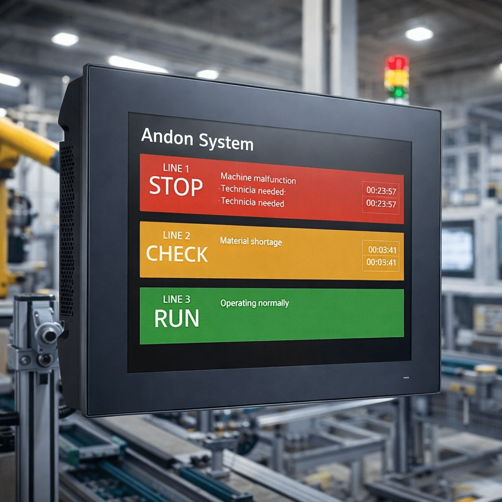 Sistema Andon en piso de planta con Panel PC&nbsp;industrial